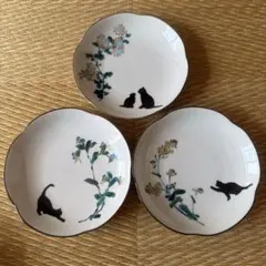九谷 陶賀 ハレクタニ 黒猫 花柄 お皿 3枚