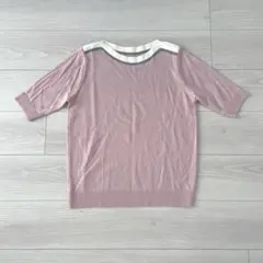 【DHOLIC】ピンクニット配色ハーフスリーブニット