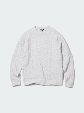 ユニクロ　メンズ　スフレヤーンケーブルクルーネックセーター　ニット　グレー　L