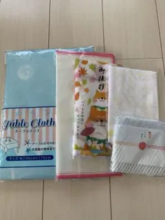 テーブルクロス 水色 貝殻模様 タオル、布巾5点セット