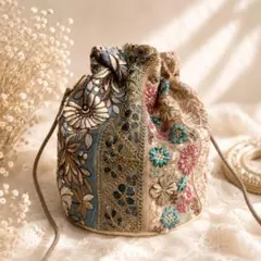 インド刺繍生地　インド刺繍リボン　丸底　巾着　巾着バック　ショルダー
