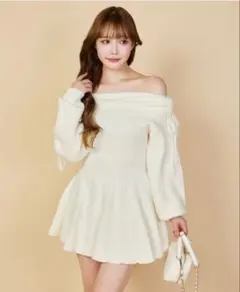 NICE CLAUP　オフショルプリーツニットミニワンピ