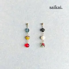 [1148-1]カラフルガラスのアシンメトリーピアス レッド ホワイト ブルー