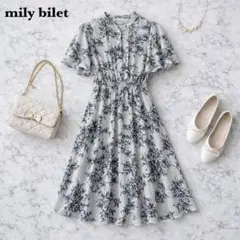 新品タグ付き mily bilet 花柄ロングワンピース M フレア 半袖 白