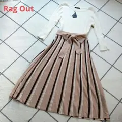 【新品】RagOut 　7分袖ニットワンピース　ストライプフレア 　リボン