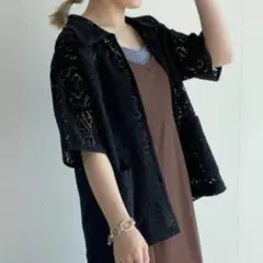 【w closet ダブルクローゼット】レースシャツ 半袖 ブラック