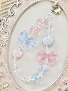 261 ピンク　ブルー　水色　リボン　ハート　ビーズ　ストラップ　チャーム