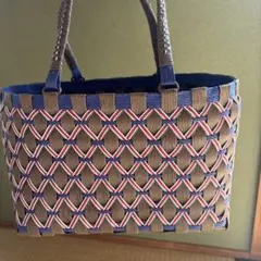 ブラウン・ブルー 編み込みかごバッグ