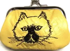 【送料無料／1点物】猫刺繍 がま口ミニ財布／世界に一つの猫と持ち歩く時間　本革