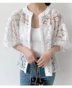 総レースブラウス カーディガン　５分袖ブラウス　羽織り　ジャケット