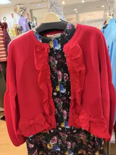 7割引き、スーパービューティ、赤いフリルリボン長袖カーディガン42