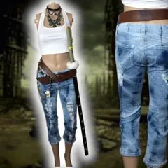 平成ギャル y2k 強めギャル グランジ ダメージ加工 クロップドジーンズ 細身