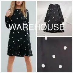 Warehouse UK ドット柄 プリーツ切替ワンピース ブラック UK8のサムネイル