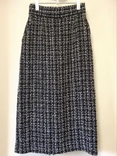 ツイード タイトスカート バックスリット ミモレ丈 黒白 上品 通勤