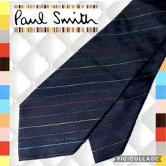 【現行】Paul Smith ネクタイ マルチストライプ ロゴ刺繍 ネイビー