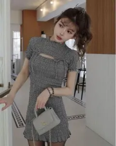 Darich リボンシャーリングギンガムミニワンピース BLK ブラック