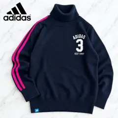 adidas タートルネック ニット M ネイビー ピンクライン 3 ウール混