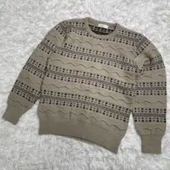 日本製　幾何学模様　波柄3Dニット　レトロ　セーター　個性的　ベージュ　秋冬服