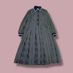 ヴィンテージ ロングワンピース 総柄 オンワード樫山 プリーツ 金ボタン レトロ