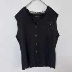 M＆S　レース装飾ブラックベスト　レディースM～L相当　メロウ加工　レース　黒