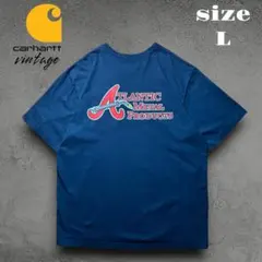 US古着 Carhartt 企業系プリントTシャツ ネイビー ワークT　L