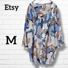 Etsy 多色総柄 アート柄 ブラウス ゆったり【M】シアー 春夏 羽織り1点物