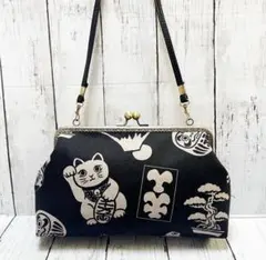 縁起物柄 がま口バッグ 合皮ショルダー付き ハンドメイド