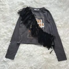 未使用級★しまむら〔M〕チュールフリル 長袖 グラフィック Tシャツ ロンT