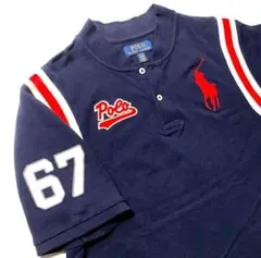 ポロラルフローレン　ノーカラーシャツ　トリコロールカラー　ワッペン　ビッグポニー