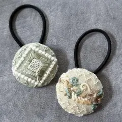【56】 インド刺繍 くるみボタン ヘアゴム 2個セット グリーン ベージュ