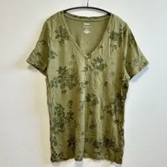 ソノマ 半袖Tシャツ XL ゆったりめ カーキ系 ボタニカル柄 Vネック 古着