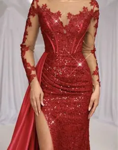 刺繍アップリケが施された豪華なパーティードレス　Lサイズ