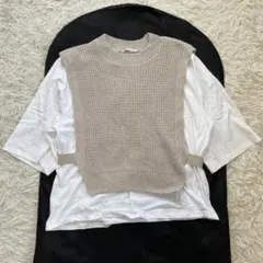 ザラ/半袖/Tシャツ/ニットベスト/M/ベージュ/白/レイヤードセット
