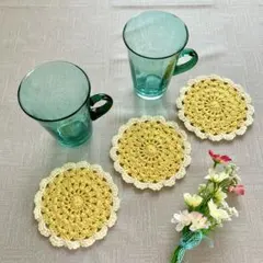 たんぽぽ　手編みドイリーコースター茶托ガーランドアップリケ　3枚　ハンドメイド