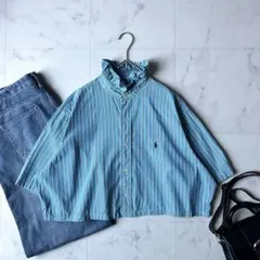 ラルフローレン リメイクシャツ ストライプ フリル クロップド丈 オーバーサイズ