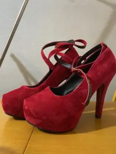 赤 スエード ストラップ ハイヒール