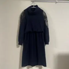 ネイビー レーススリーブ ワンピース