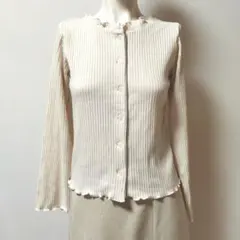 レトロガール アイボリー 白 リブカットソー 長袖カーディガン フリル