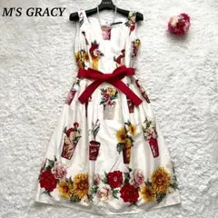 【美品】M'S GRACY  ワンピース　リアルフラワー　リボンベルト　38