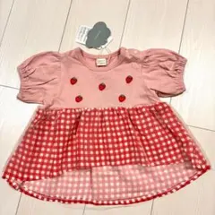 futafuta 半袖 チュニック いちご 赤チェック パフスリーブ