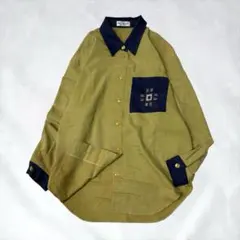 昭和 レトロ 配色シャツ 刺繍 ポケット ブラウス ヴィンテージ イエロー