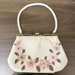 【美品】ヴィンテージ　花柄ビーズ編みハンドバッグ がま口 パーティー　和装レトロ