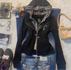 平成ギャル　　y2k ヒョウ柄パーカー　レオパード　ダブルジップパーカー