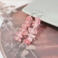 天然石ロングピアス 水晶 両耳 フック ピンク スカイレッド