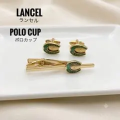【美品】LANCEL ランセル ネクタイピン カフスセット 馬蹄モチーフ 金 緑のサムネイル