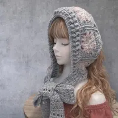 お花モチーフ編み　バラクラバ　ボンネット　バラボネット　フード付きマフラー