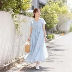美品サニーレーベル24SSエアリー大人可愛いドビーストライプコットンワンピース♪