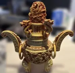 置物 龍・獅子装飾 蓋付き 工芸品 中国美術 彫刻 コレクション