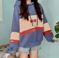 大人気 パーカー フード スウェット オーバーサイズ 裏起毛 韓国 ブルー