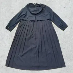 【新品】フード　トレンチ風プリーツロングコート　ネイビー　ウエストマーク